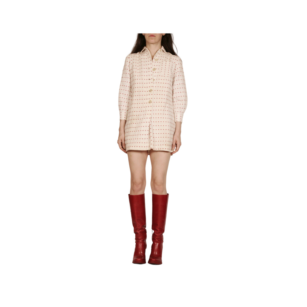 Vintage 50s Saks Couture Polka Dot Romper Dress Women's Off White Red Big Button